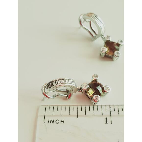 Judith Ripka 925 Sterling Silver Smoky Quartz CZ Dangle Drop Earrings Designer - Picture 2 of 5